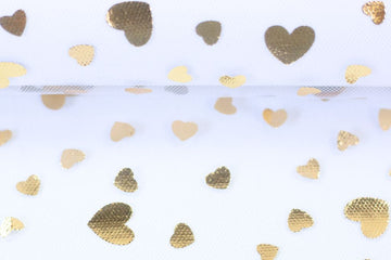 Feintüll "Twinkle" mit Herzen, weiß, gold, Foliendruck, Swafing, 0,5 m